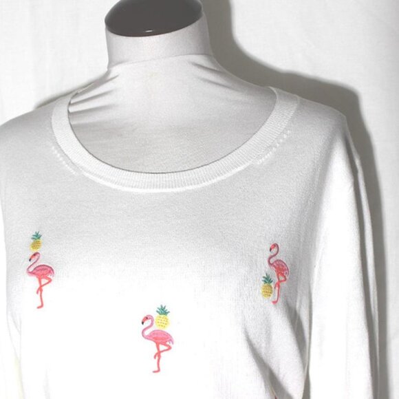 NEW J. Crew Teddi White Cotton Pullover Sweater w Flamingos & Pineapples sz XL - Picture 2 of 3